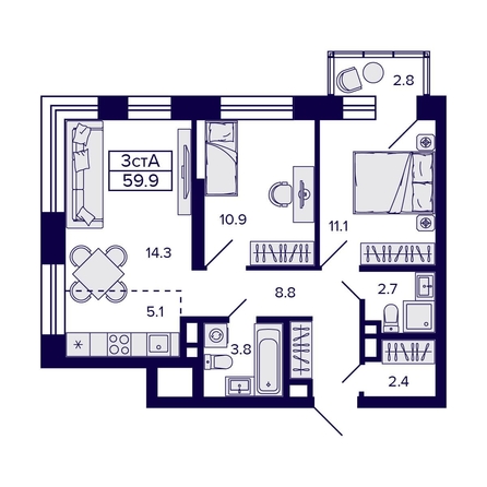 
  Продается 3-комн. квартира, 59.9 м², ЖК Citatum (Цитатум)
. Фото 1.