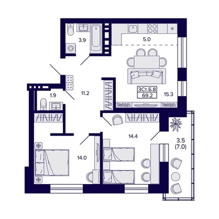 
  Продается 3-комн. квартира, 69.2 м², ЖК Сподвижники
. Фото 1.