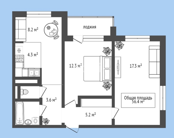 
  Продается 2-комн. квартира, 56.4 м², ЖК Галактика,  дом 2 Юпитер
. Фото 2.