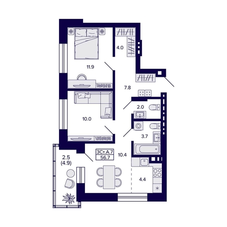 
  Продается 3-комн. квартира, 56.7 м², ЖК Сподвижники
. Фото 2.