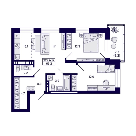 
  Продается 3-комн. квартира, 63.2 м², ЖК Сподвижники
. Фото 1.