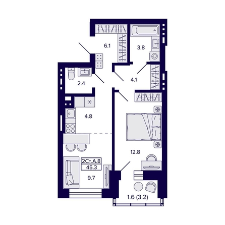 
  Продается 2-комн. квартира, 45.3 м², ЖК Сподвижники
. Фото 1.
