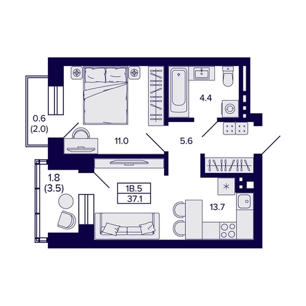 
  Продается 1-комн. квартира, 37.1 м², ЖК Сподвижники
. Фото 1.