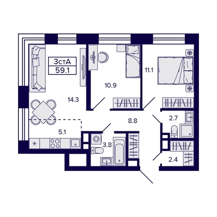 
  Продается 3-комн. квартира, 59.1 м², ЖК Citatum (Цитатум)
. Фото 1.