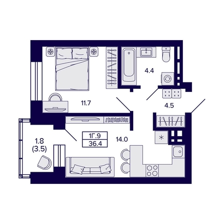 
  Продается 1-комн. квартира, 36.4 м², ЖК Сподвижники
. Фото 1.