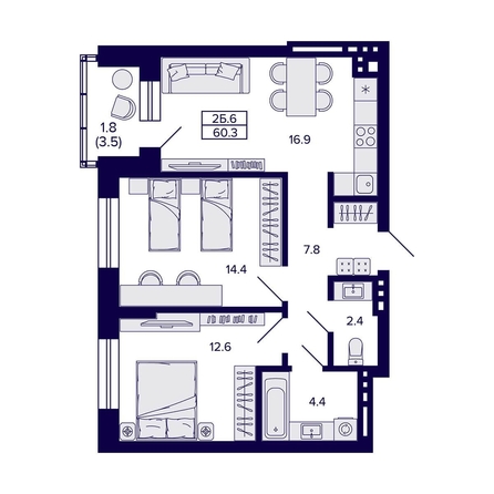 
  Продается 2-комн. квартира, 60.3 м², ЖК Сподвижники
. Фото 1.