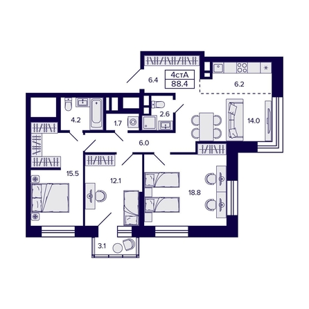 
  Продается 4-комн. квартира, 88.4 м², ЖК Citatum (Цитатум)
. Фото 1.
