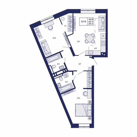 
  Продается 3-комн. квартира 69.4 м², в ЖК Горизонт, дом 2. Фото 1.