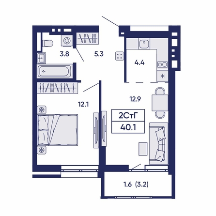 
  Продается 2-комн. квартира 40.1 м², в ЖК Горизонт, дом 2. Фото 2.