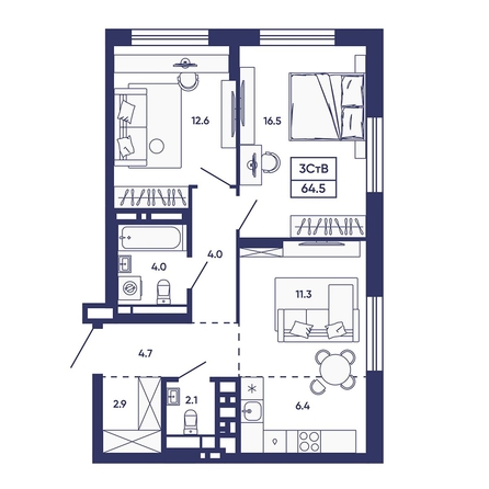 
  Продается 3-комн. квартира 64.5 м², в ЖК Сподвижники, дом 2. Фото 2.
