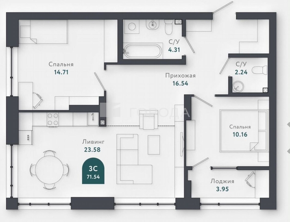 
  Продается 2-комн. квартира 71.5 м², в ЖК Тихомиров, башня А. Фото 12.