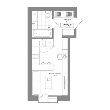 
  Продается 1-комн. квартира 24.66 м², в ЖК Среда. Фото 2.