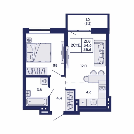 
  Продается 2-комн. квартира 35.6 м², в ЖК Горизонт, дом 2. Фото 1.
