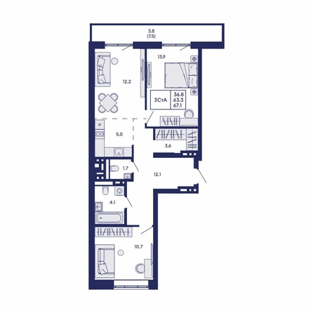 
  Продается 3-комн. квартира 67.1 м², в ЖК Горизонт, дом 2. Фото 2.