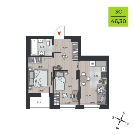 
  Продается 3-комн. квартира 46.3 м², в ЖК ДНК. Фото 1.