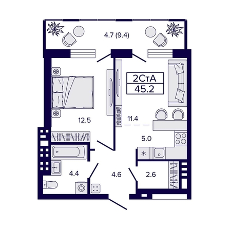 
  Продается 2-комн. квартира 45.2 м², в ЖК Луна. Фото 1.
