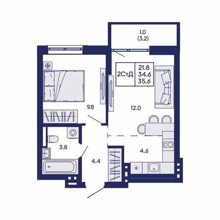 
  Продается 2-комн. квартира 35.6 м², в ЖК Горизонт, дом 2. Фото 1.