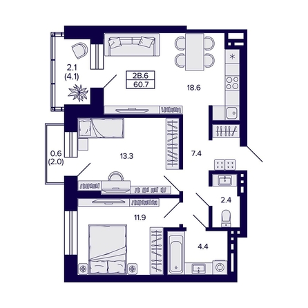 
  Продается 2-комн. квартира 60.7 м², в ЖК Сподвижники, дом 1. Фото 1.