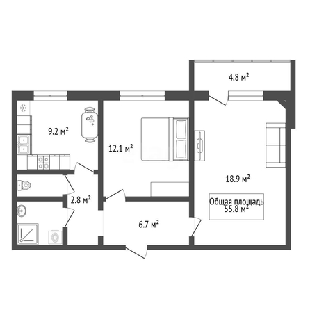 
  Продается 2-комн. квартира 55.8 м². Фото 2.