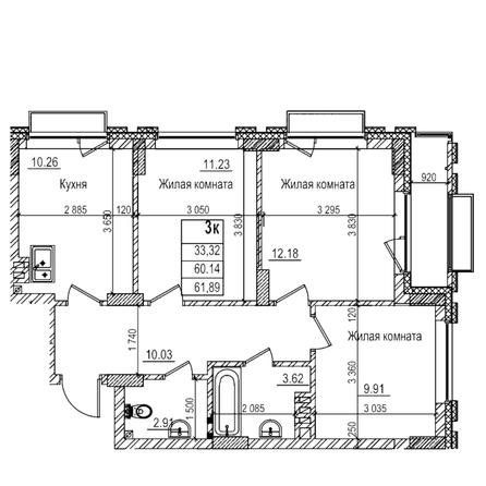 
  Продается 3-комн. квартира 60.1 м², в ЖК Чернышевский, корп 3.3. Фото 1.