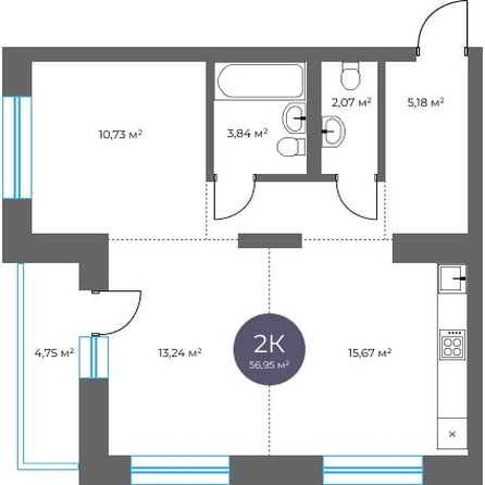 
  Продается 2-комн. квартира 56.95 м², в  Квартал на Российской, дом 2. Фото 1.