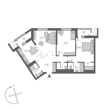 
  Продается 3-комн. квартира 93.5 м², в ЖК Беринг, дом 2. Фото 7.