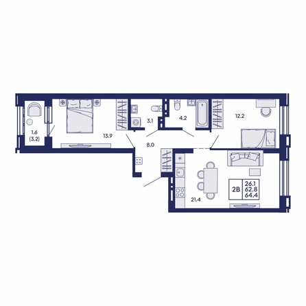 
  Продается 2-комн. квартира 64.4 м², в ЖК Сила леса, корп 2. Фото 1.