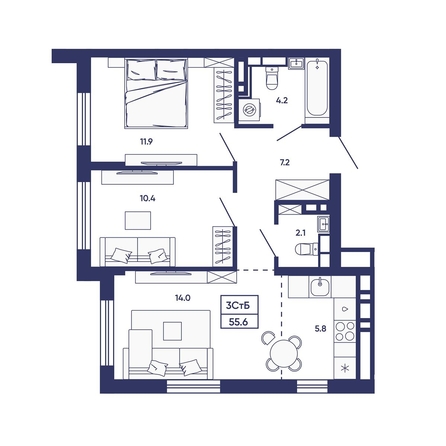 
  Продается 3-комн. квартира 55.6 м², в ЖК Сподвижники, дом 3. Фото 1.