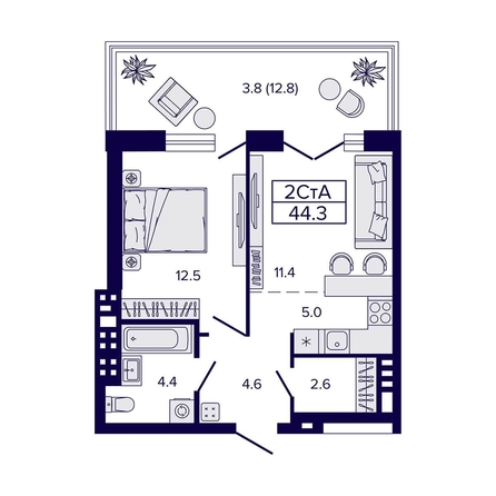 
  Продается 2-комн. квартира 44.3 м², в ЖК Луна. Фото 1.