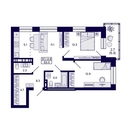 
  Продается 3-комн. квартира 63.3 м², в ЖК Сподвижники, дом 1. Фото 1.