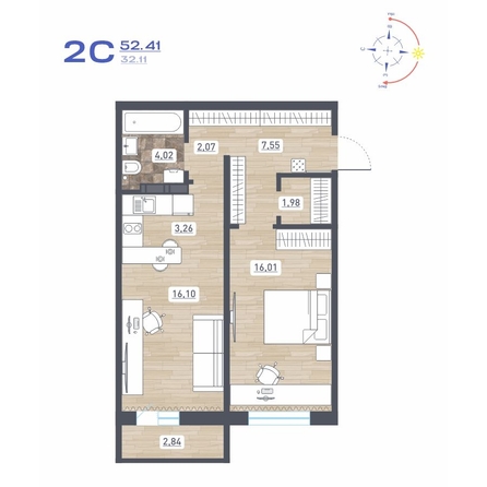 
  Продается 2-комн. квартира 52.41 м², в ЖК Радуга Сибири, дом 10. Фото 1.