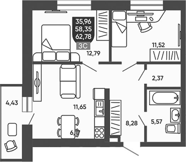 
  Продается 2-комн. квартира 58.35 м², в ЖК Ермак. Фото 1.