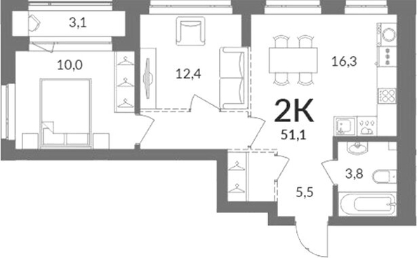 
  Продается 2-комн. квартира 49.55 м², в ЖК Горская Лагуна. Фото 1.