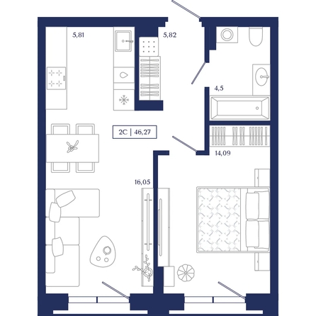 
  Продается 1-комн. квартира 46.27 м², в ЖК Юнити Центр. Фото 1.