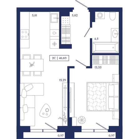 
  Продается 1-комн. квартира 46.69 м², в ЖК Юнити Центр. Фото 1.