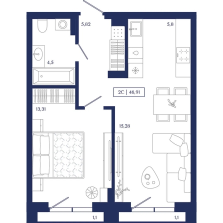 
  Продается 1-комн. квартира 46.91 м², в ЖК Юнити Центр. Фото 1.