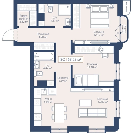 
  Продается 2-комн. квартира 68.52 м², в ЖК Виларт, дом 2. Фото 1.