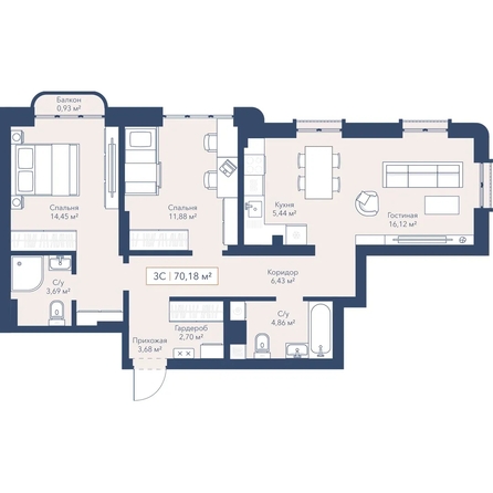 
  Продается 2-комн. квартира 70.18 м², в ЖК Виларт, дом 2. Фото 1.
