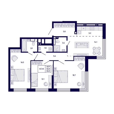 
  Продается 4-комн. квартира 86.8 м², в ЖК Цитатум. Фото 1.