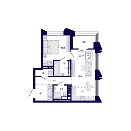 
  Продается 2-комн. квартира 47.1 м², в ЖК Цитатум. Фото 1.