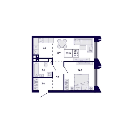 
  Продается 2-комн. квартира 44.3 м², в ЖК Цитатум. Фото 1.