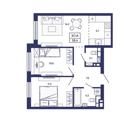 
  Продается 3-комн. квартира 55.4 м², в ЖК Сподвижники, дом 3. Фото 1.