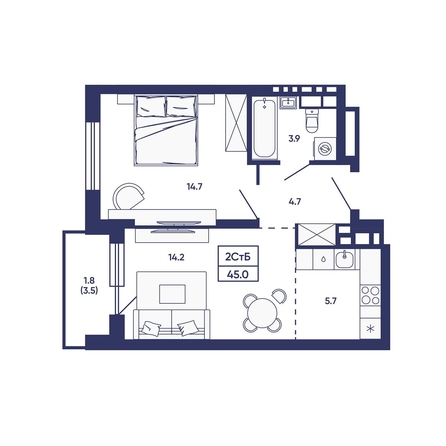 
  Продается 2-комн. квартира 45 м², в ЖК Сподвижники, дом 3. Фото 1.