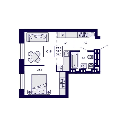 
  Продается студия 38 м², в ЖК Грибоедовский сад. Фото 1.