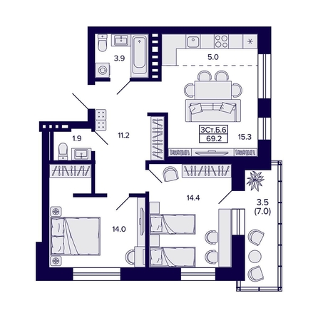 
   Продам 3-комнатную, 69.2 м², Сподвижники

. Фото 4.