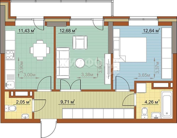 
   Продам 2-комнатную, 53 м², Николая Островского ул, 60

. Фото 55.