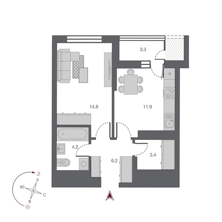 
   Продам 1-комнатную, 42.15 м², Беринг, дом 2

. Фото 2.