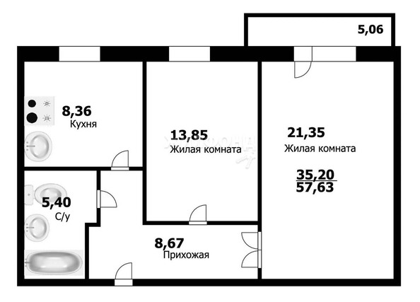 
   Продам 2-комнатную, 57.3 м², 7-й микрорайон, 19

. Фото 24.