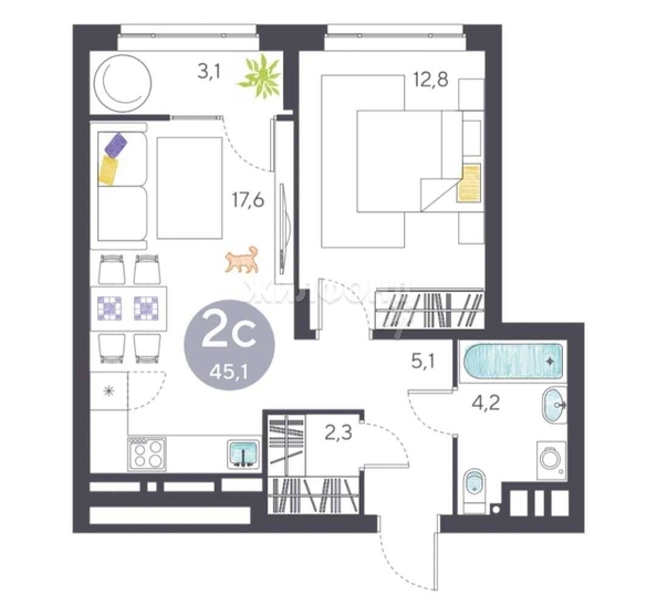 
   Продам 2-комнатную, 42.1 м², 1-я Чулымская ул, 19/1

. Фото 2.