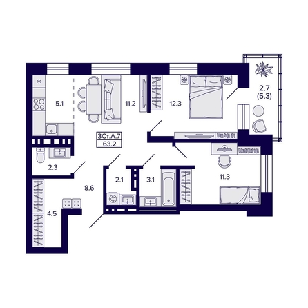 
   Продам 3-комнатную, 63.2 м², Сподвижники

. Фото 2.